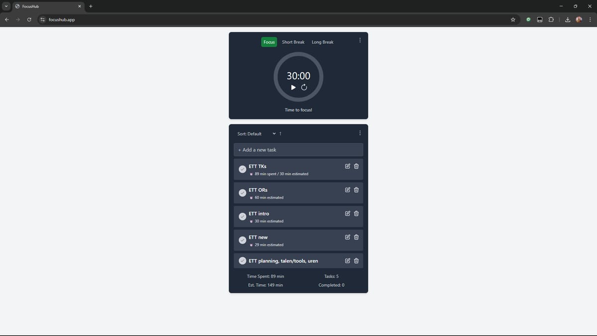 FocusHub, the first version: a timer card and a task list card on a plain dark page.