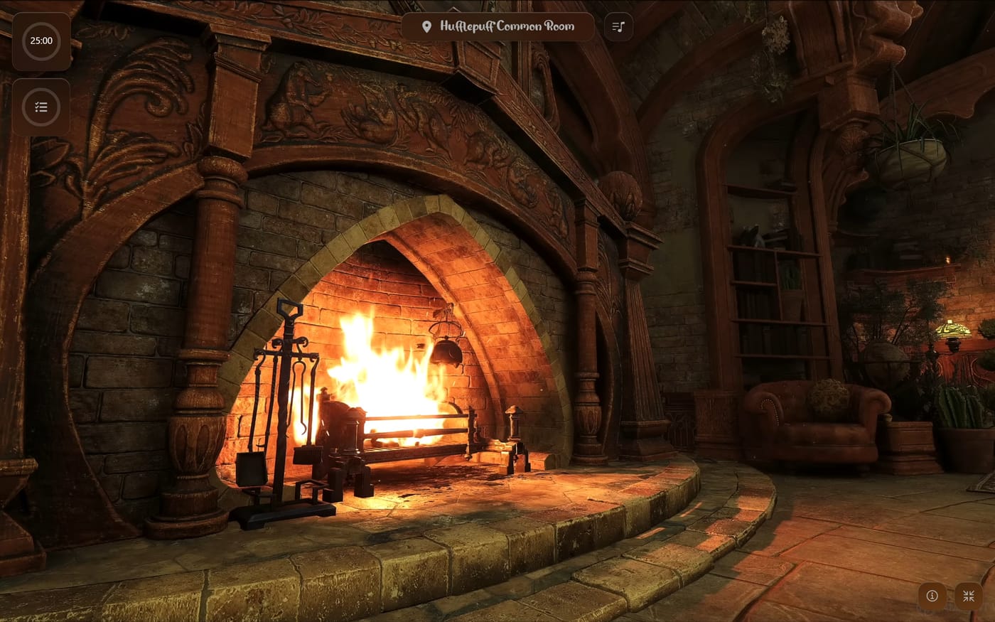 A Focusverse location: a fireplace in a common room, with only a small timer and a task button in the corner.
