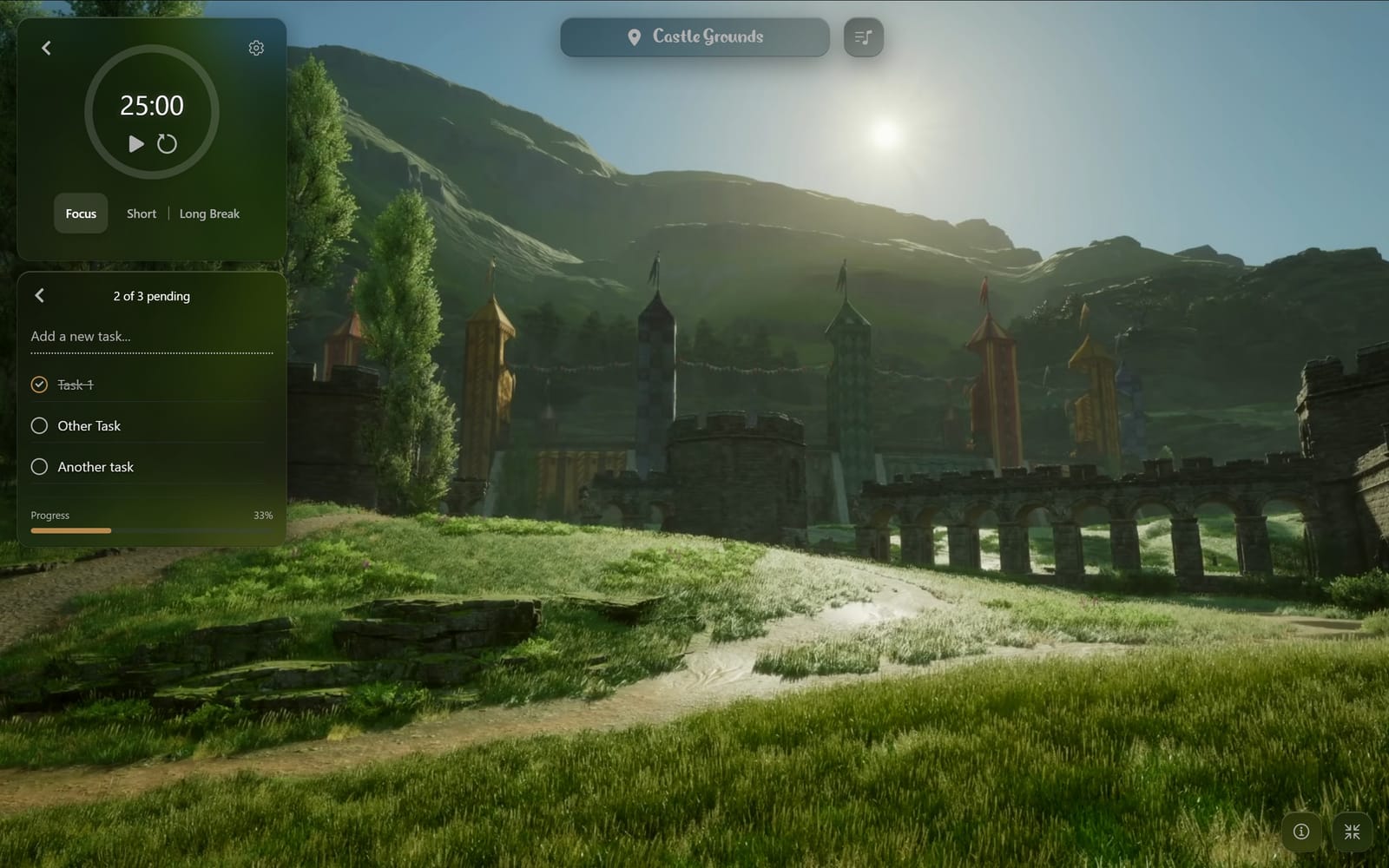A Focusverse session with a timer and task list on the left and a castle landscape filling the rest of the screen.